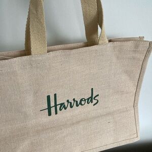 NWOT from Harrods in London, jute tote bag. Approximately 18 by 14 inches.